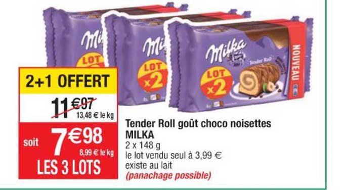 tender roll goût choco noisettes milka 2+1 offert