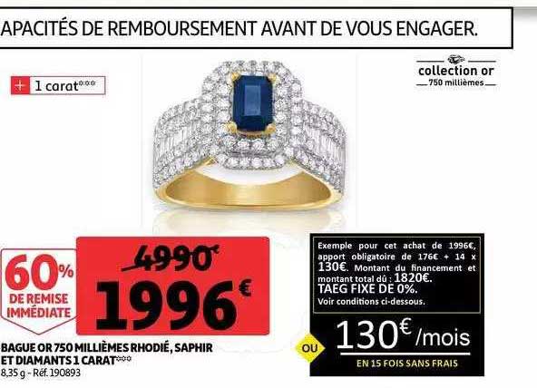 bague or 750 millèmes rhodié, saphir et diamants 1 carat