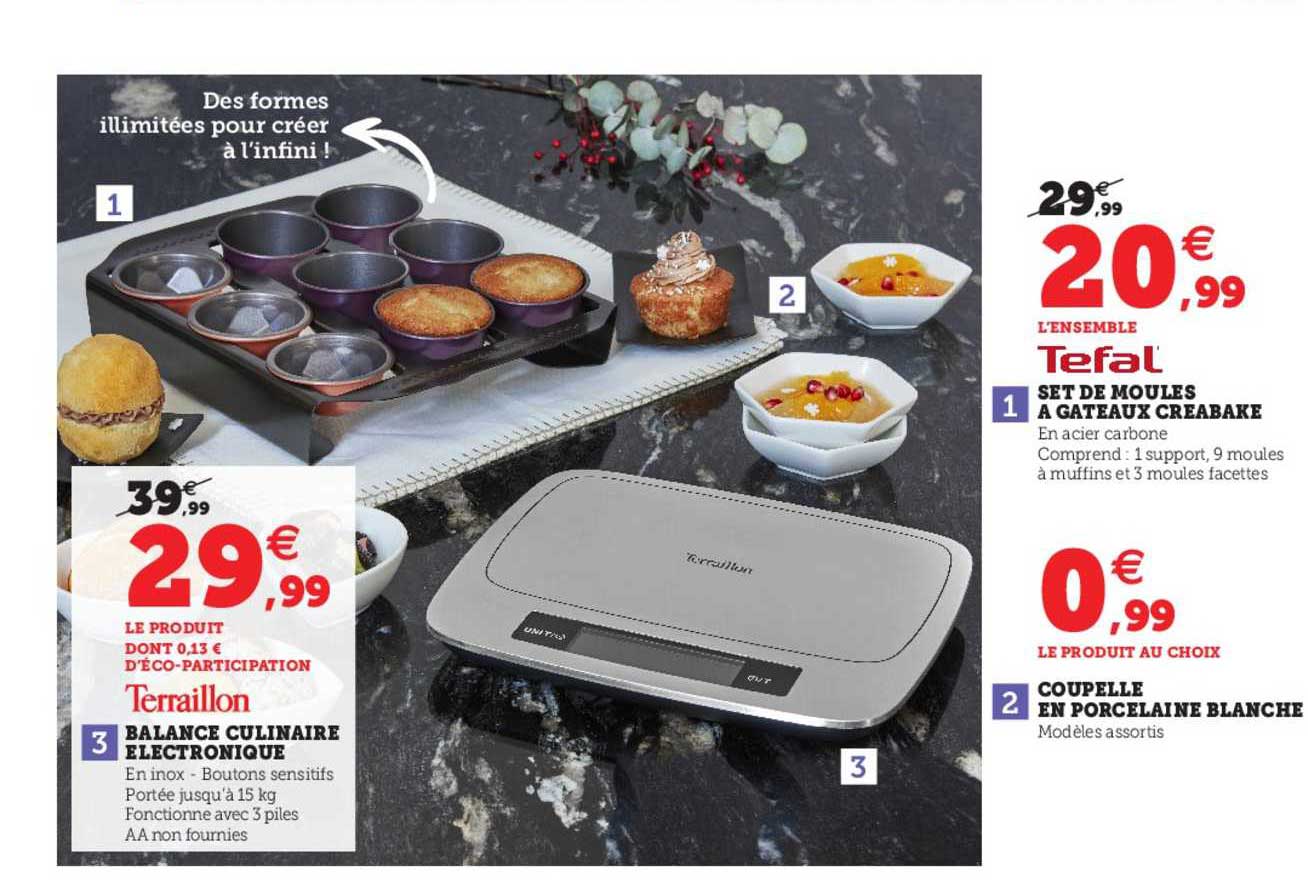 balance culinaire électronique, set de moules à gâteaux creabake, coupelle en porcelaine blanche