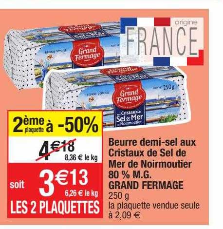 beurre demi-sel aux cristaux de sel de mer de noirmoutier 80% m.g. grand fermage