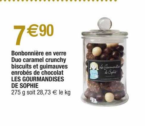 bonbonnière en verre duo caramel crunchy biscuits et guimauves enrobés de chocolat les gourmandises de sophie