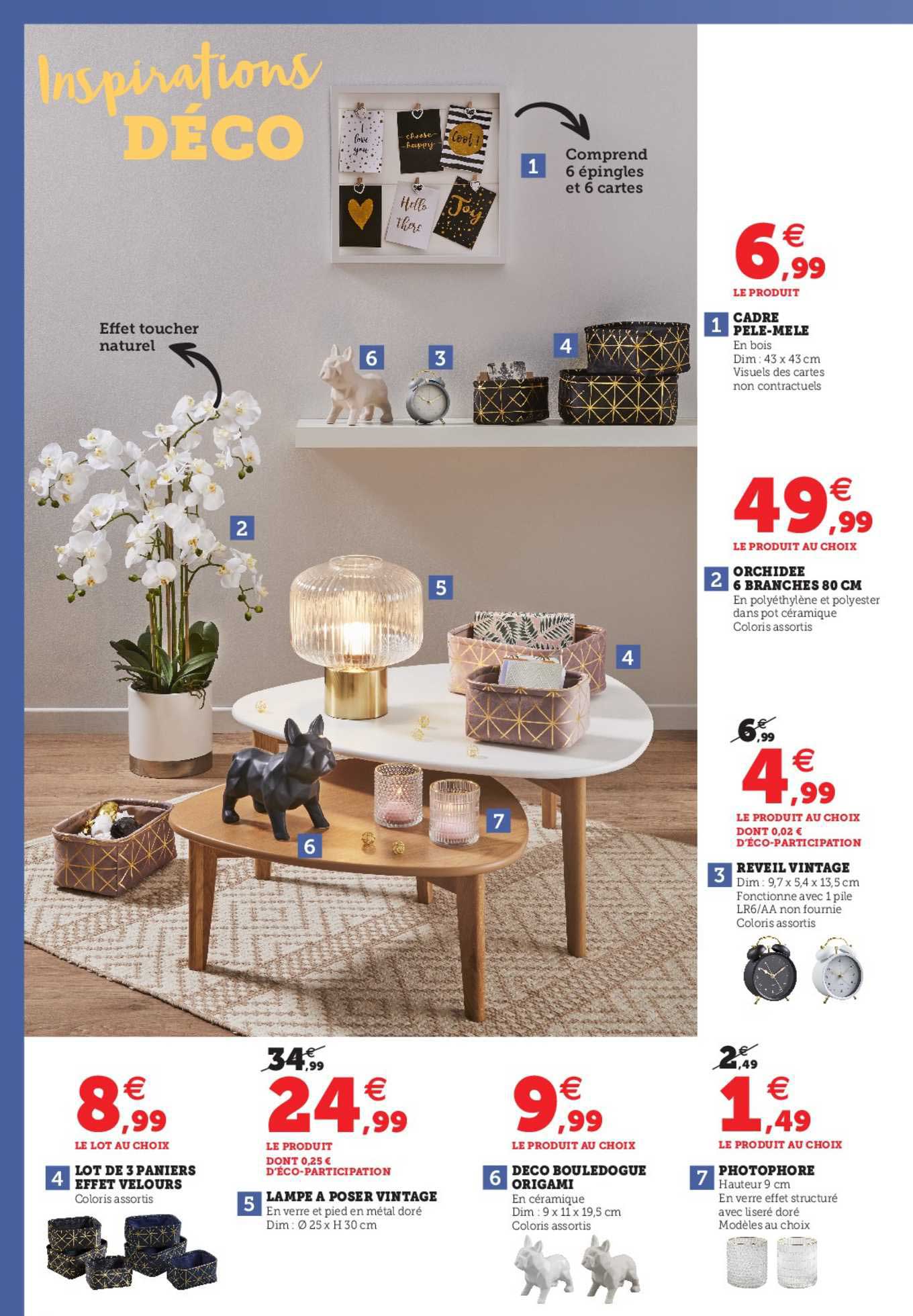 cadre pêle-mêle, orchidée 6 braches 80 cm, réveil vintage, lot de 3 paniers effet velours, lampe à poser vintage, déco bouledogue origami, photophore