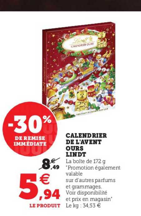 calendrier de l'avent ours lindt