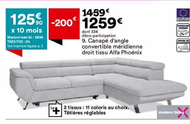 canapé d'angle convertible méridienne droit tissu alfa phoénix modern living