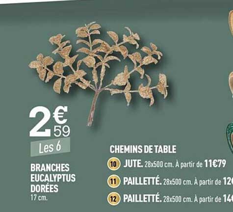 chemins de table, branches eucalyptus dorées