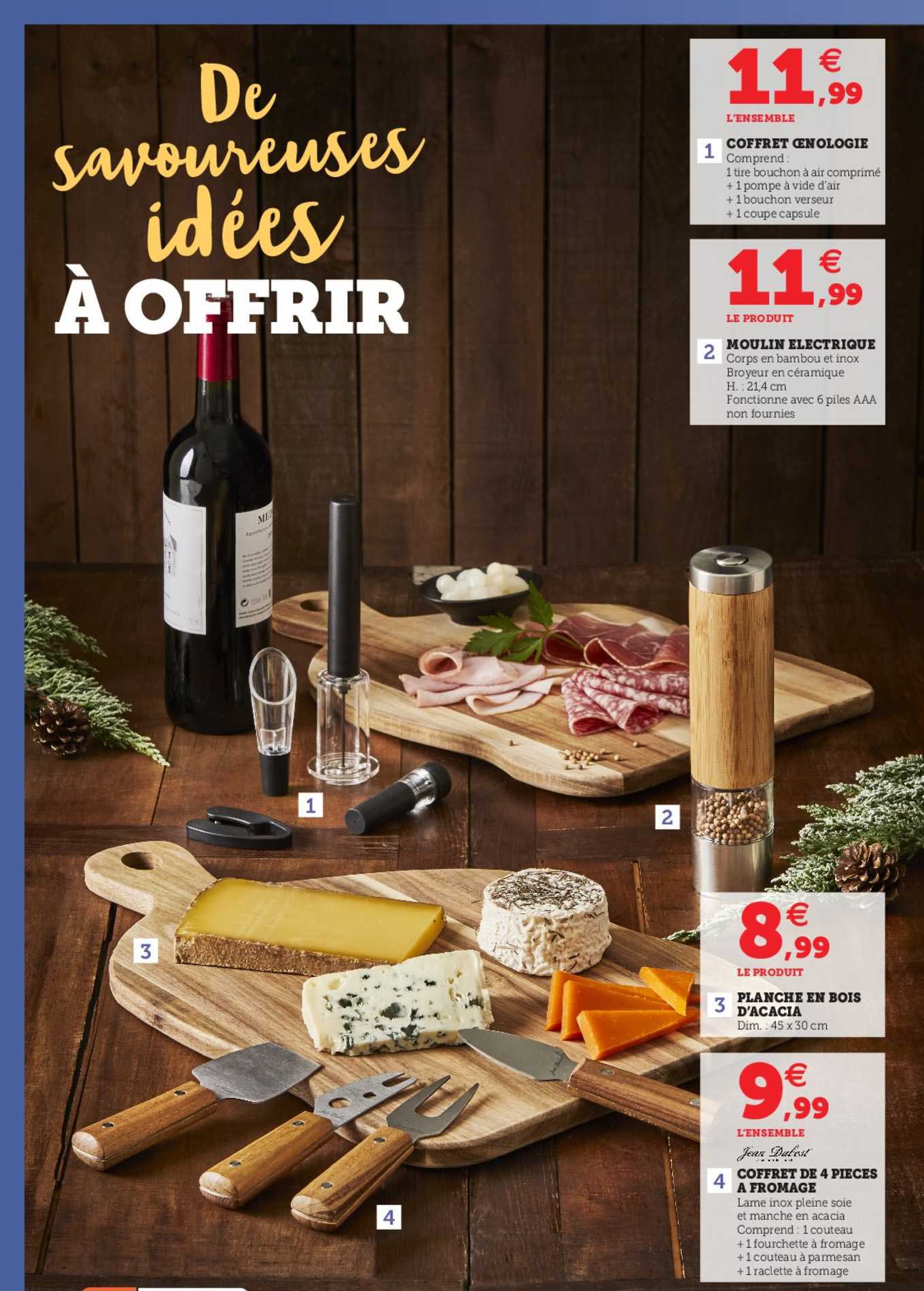 coffret œnologie, moulin électrique, planche en bois d'acacia, coffret de 4 pièces à fromage