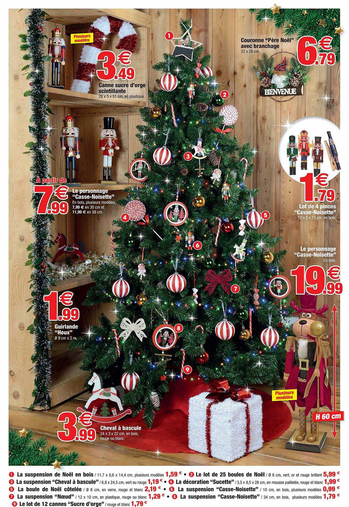 couronne père noël avec branchage, canne sucre d'orge scintillante, le personnage casse-noisette, lot de 4 pinces "casse-noisette", guirlande houx, cheval à bascule
