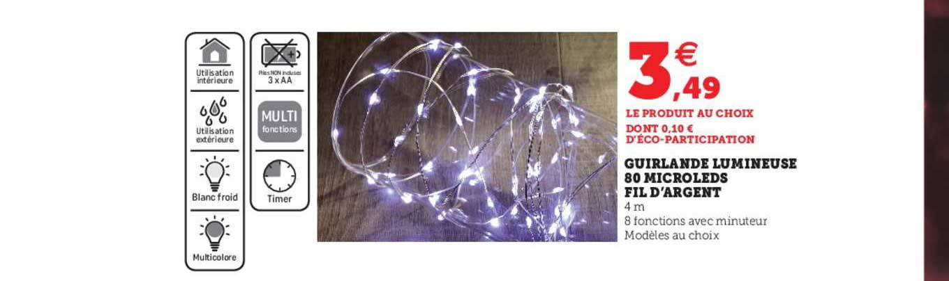 guirlande lumineuse 80 microleds fil d'argent