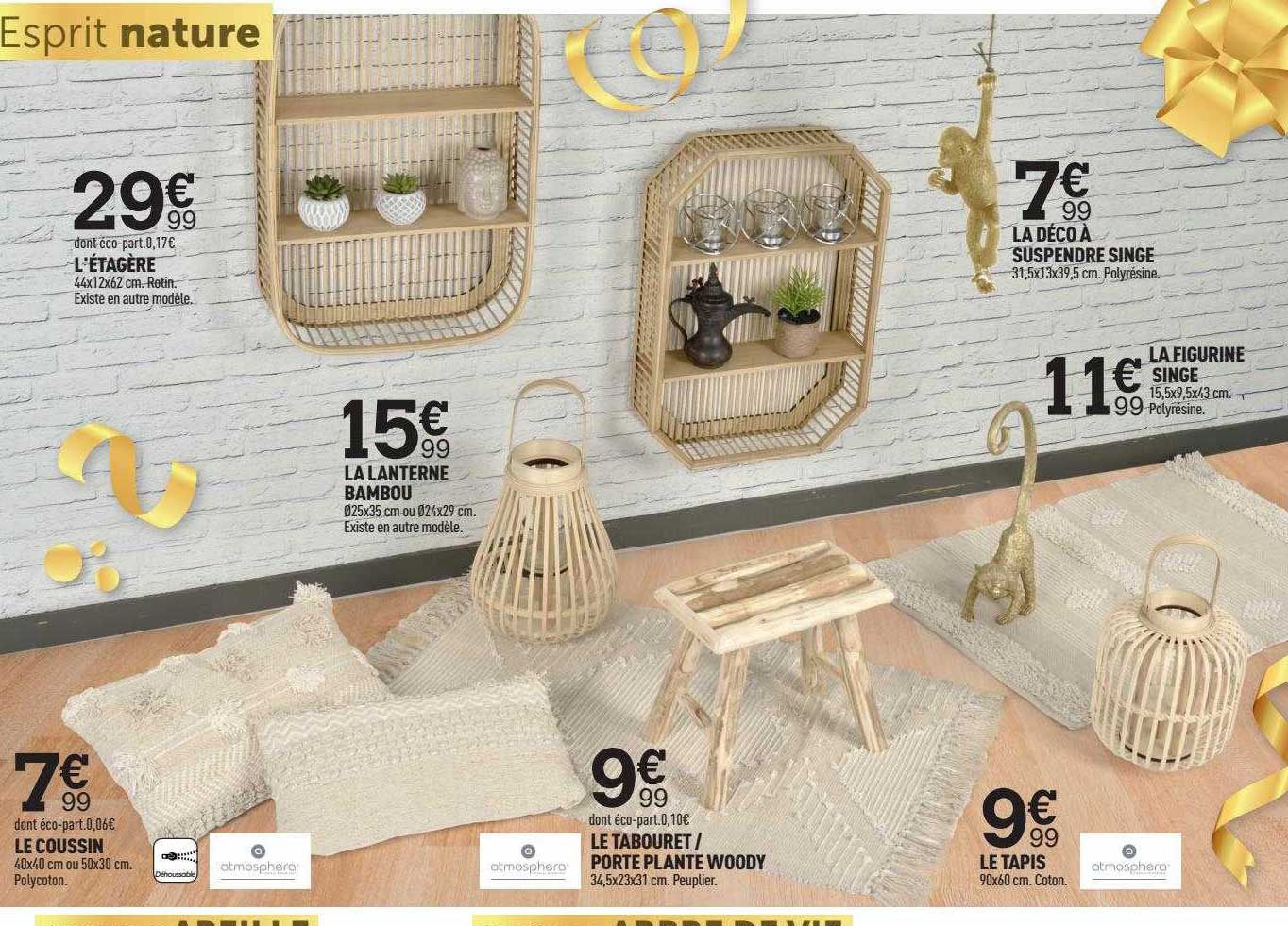 l'étagère, le coussin, la lanterne bambou, le tabouret - porte plante woody, le tapis, la déco à suspendre singe, la figurine singe
