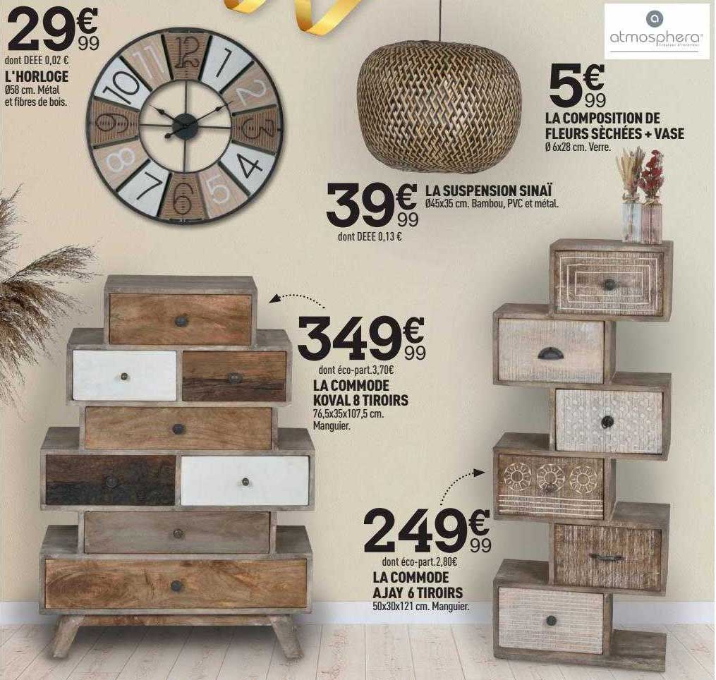 l'horloge, la commode koval 8 tiroris, la suspension sinaï, la commode ajay 6 tiroirs, la composition de fleurs sèchées + vase