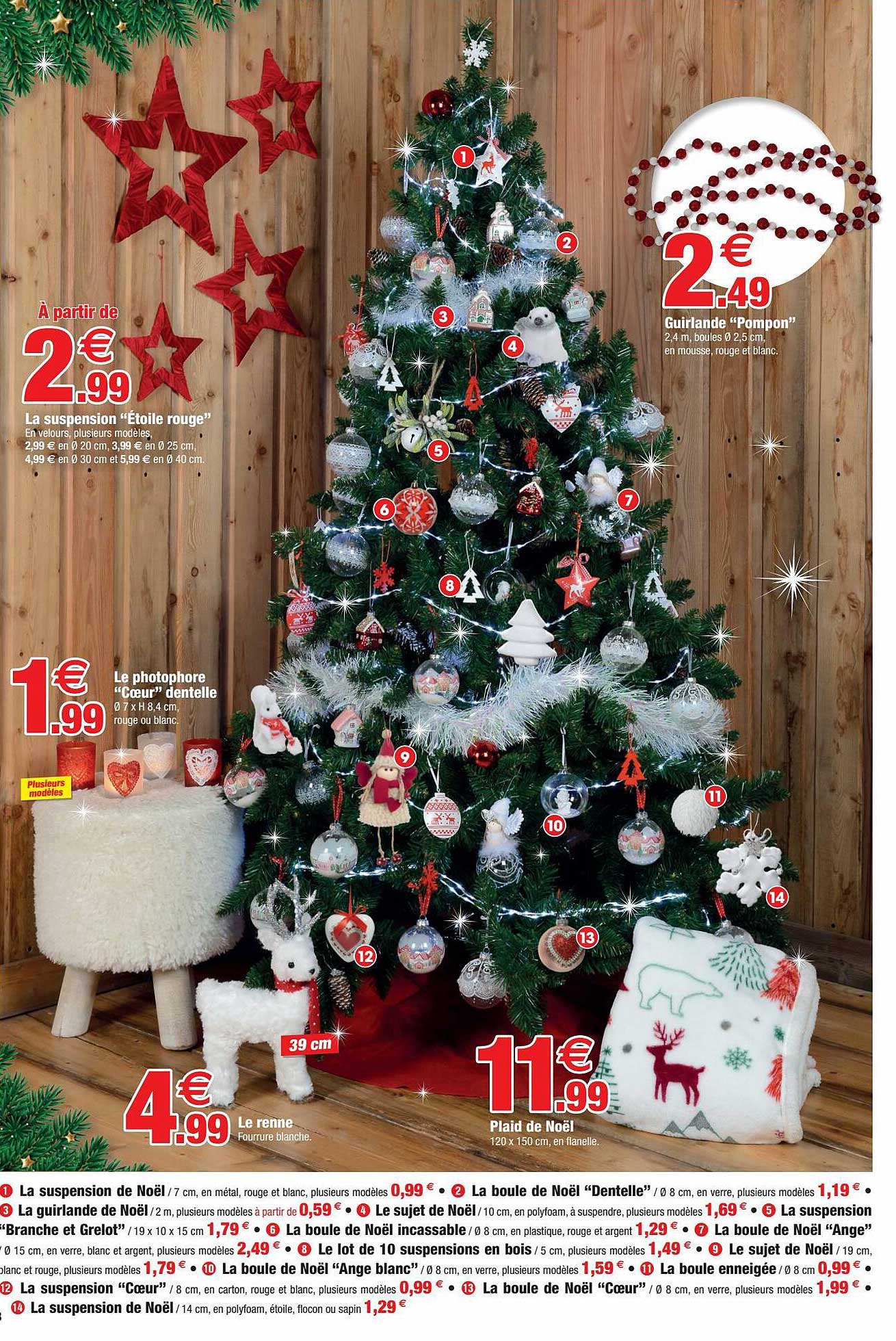 la suspension "étoile rouge", la photophore "cœur" dentelle, guirlande "pompon", la renne, plaid de noël