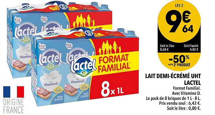 lait demi-écrémé uht lactel