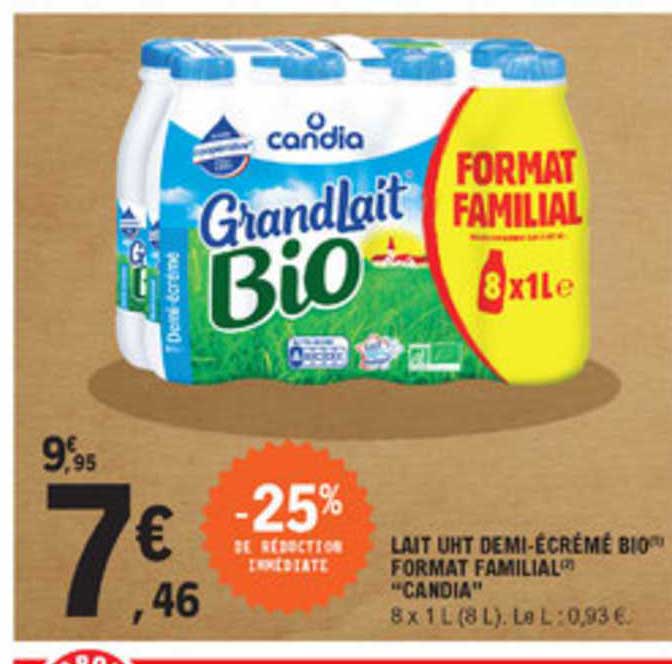 lait uht demi-écrémé bio format familial "candia"