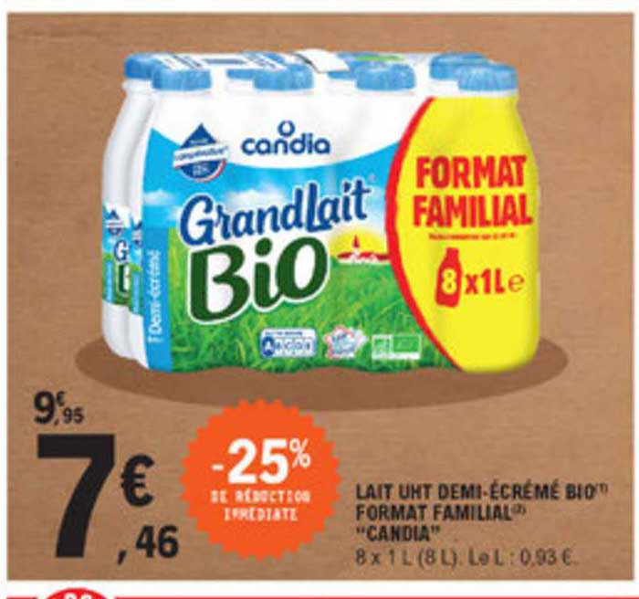 lait uht demi-écrémé bio format familial "candia"