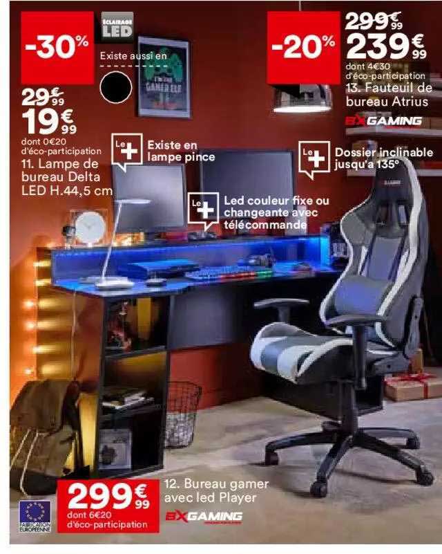lampe de bureau delta led h.44,5 cm, fauteuil de bureau atrius, bureau gamer avec led player