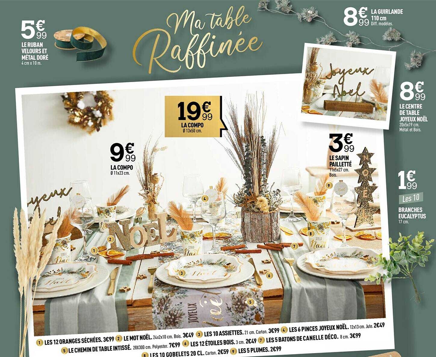 le ruban velours et métal doré, la guirlande 110 cm, la ocmpo, le sapin pailletté, le centre de table joyeux noël, branches eucalyptus