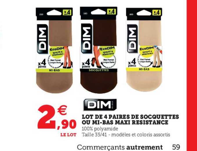 lot de 4 paires de socquettes ou mi-bas maxi résistance dim
