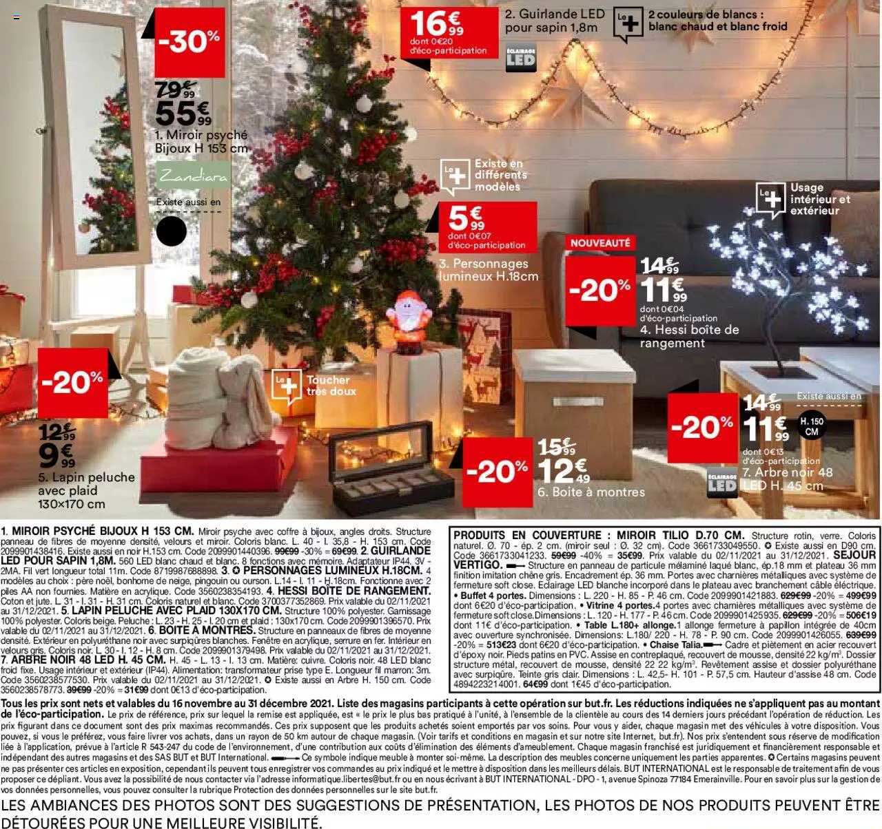 miroir psyché bijoux h.163 cm, guirlande led pour sapin 1,8m, personnages lumineux h. 18 cm, hessi boîte de rangement, arbre noir 48 led h. 45 cm, boîte à montres, lapin peluche avec plaid 130 x 170 c