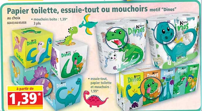 papier toilette, essuie-tout ou mouchoirs motif "dinos"