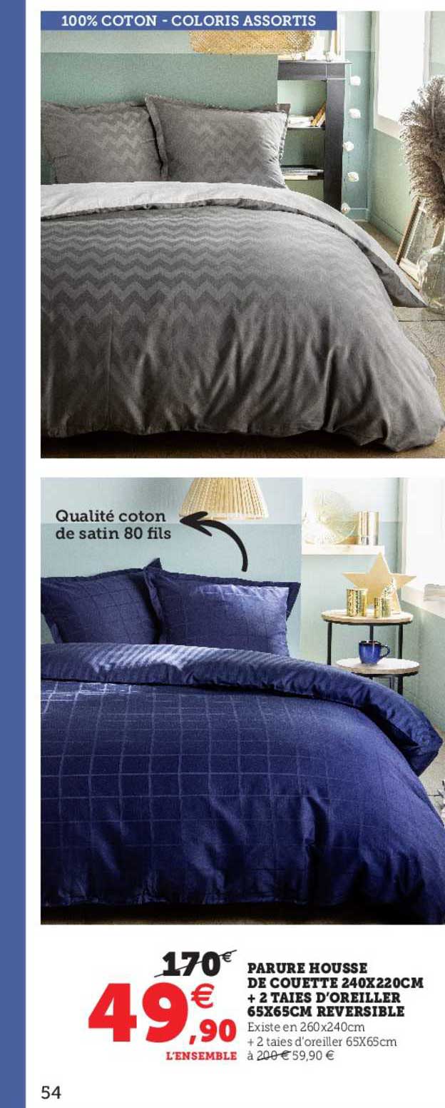 parure housse de couette 240 x 220 cm + 2 taies d'oreiller 65 x 65 cm réversible