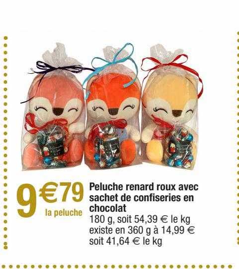 peluche renard roux avec sachet de confiseries en chocolat