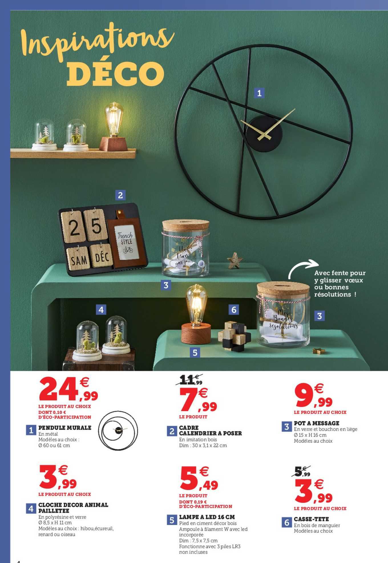 pendule murale, cadre calendrier à poser, pot à message, cloche décor animal pailleté, lampe à led 16 cm, pot à message, casse-tête