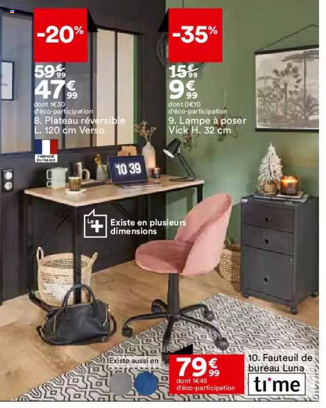 plateau réversible l. 120 cm verso, lampe à poser vick h. 32 cm time