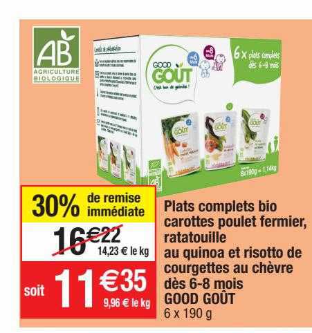 plats complets bio carottes poulet fermier, ratatouille au quinoa et risotto de courgettes au chèvre dès 6-8 mois good goût