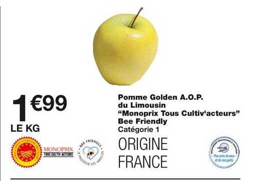 pomme golden a.o.p. du limousin "monoprix tous cultiv'acteurs" bee friendly