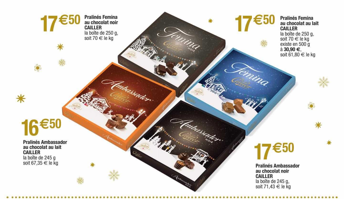 pralinés femina au chocolat noir cailler, pralinés ambassador au chocolat au lait cailler, pralinés femina au chocolat au lait cailler, pralinés ambassador au chocolat noir cailler