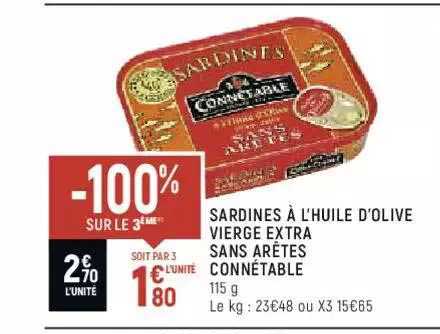 sardines à l'huile d'olive vierge extra sans arêtes connétable