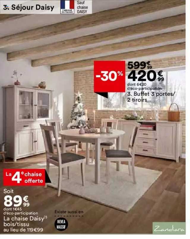 séjour daisy : la chaise daisy bois-tissu, buffet 3 portes-2 tiroirs zandiara