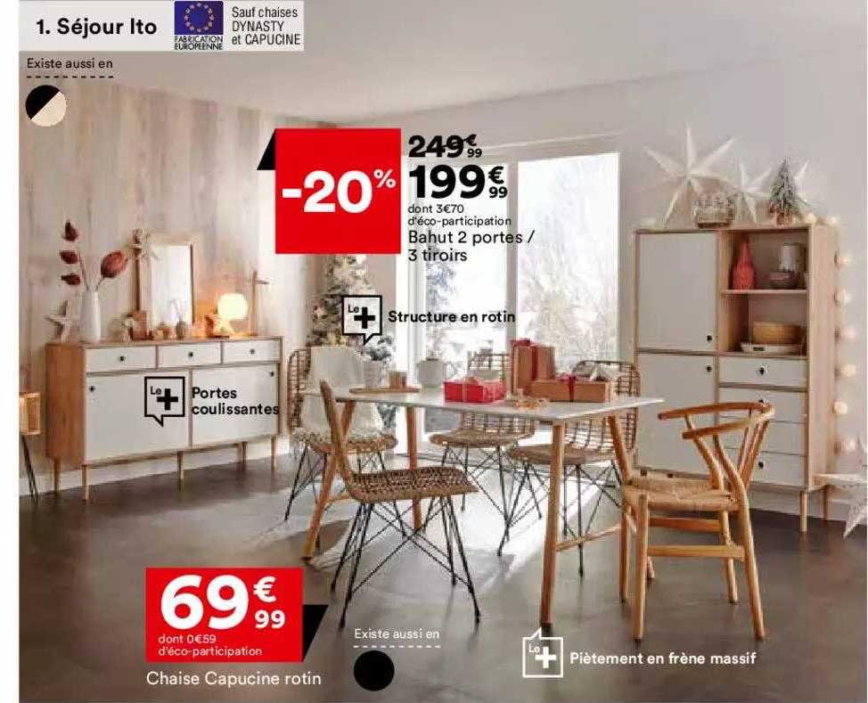 séjour ito, bahut 2 portes - 3 tiroirs, chaise capucine rotin