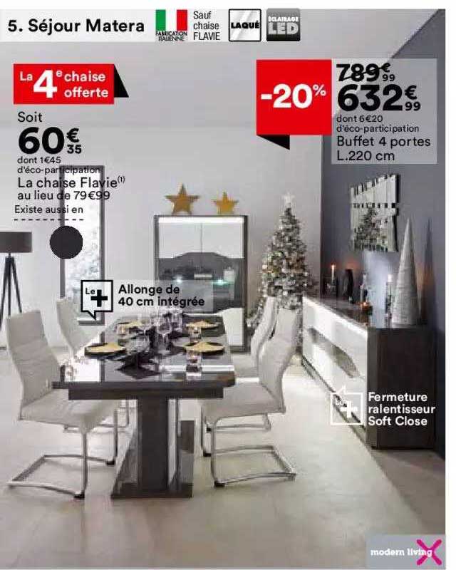 séjour matera : la chaise flavie, buffet 4 portes l. 220 cm modern living