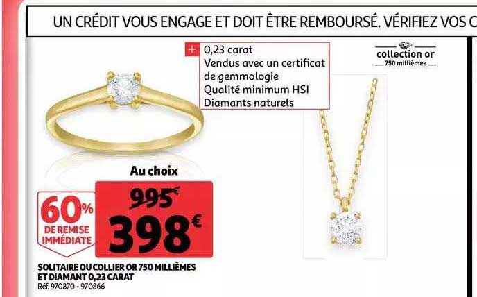 solitaire ou collier or 750 millièmes et diamant 0,23 carat