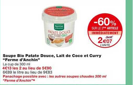 soupe bio patate douce, lait de coco et curry "ferme d'anchin"