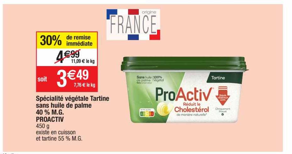 spécialité végétale tartine sans huile de palme 40% m.g. proactiv