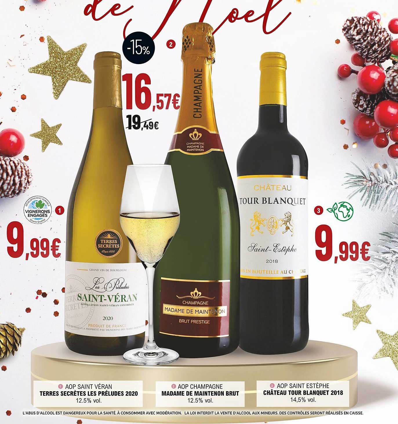 aop saint véran terres secrètes les préludes 2020, aop champagne madame de mantenon brut, aop saint estèphe château tour blanquet 2018