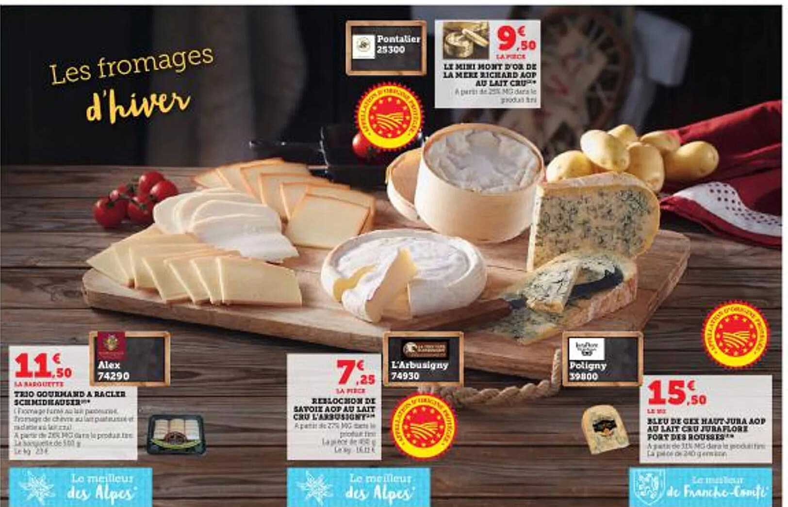 trio gourmand à racler schmidhauser, le mini mont d'or de la mère richard aop au lait cru, reblochon de savoie aop au lait cru l'arbusigny, bleu de gex haut-jura aop au lait cru juraflore fort