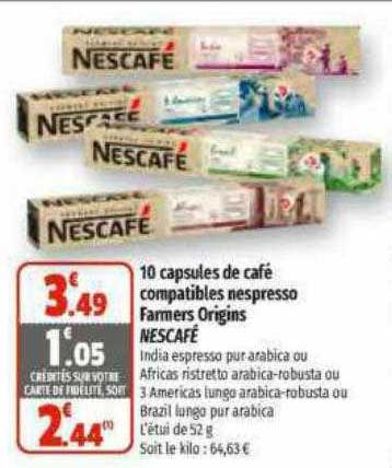 10 capsules de café compatibles nespresso farmers origins nescafé