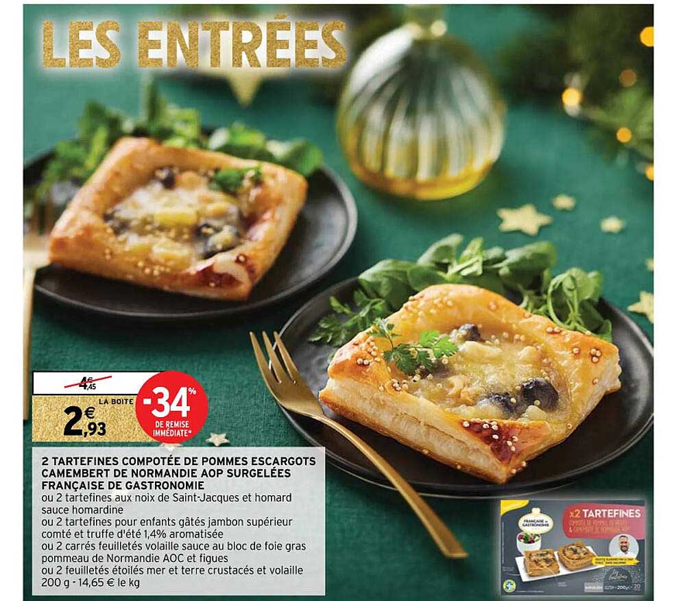 2 tartefines compotée de pommes escargots camembert de normandie aop surgelées française de gastronomie