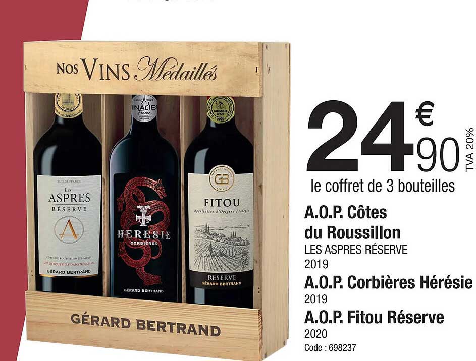 a.o.p. côtes du roussillon les aspres réserve 2019, a.o.p. corbières hérésie 2019, a.o.p. fitou réserve 2020