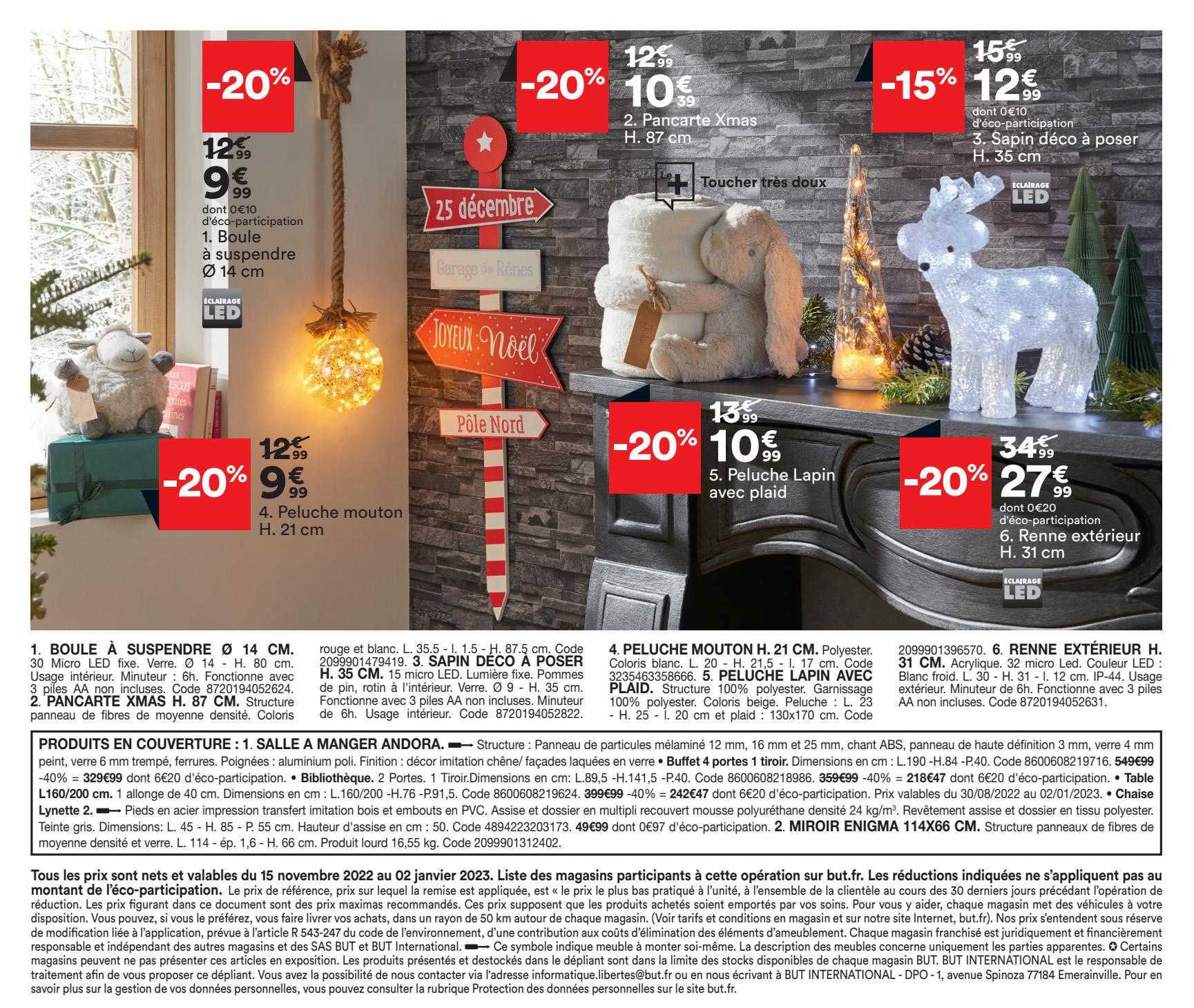 boule à suspendre ø 14 cm, peluche mouton h.21 cm, pancarte xmas h.87 cm, peluche lapin avec plaid, sapin déco à poser h.36 cm, renne extérieur h.31 cm