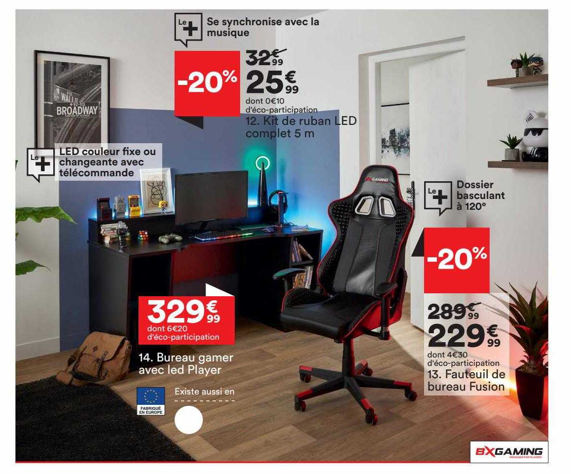 bureau gamer avec led player, le kit de ruban led complet 5 m , fauteuil de bureau fusion