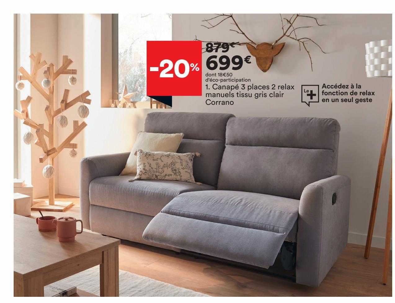 canapé 3 places 2 relax manuels tissu gris clair corrano