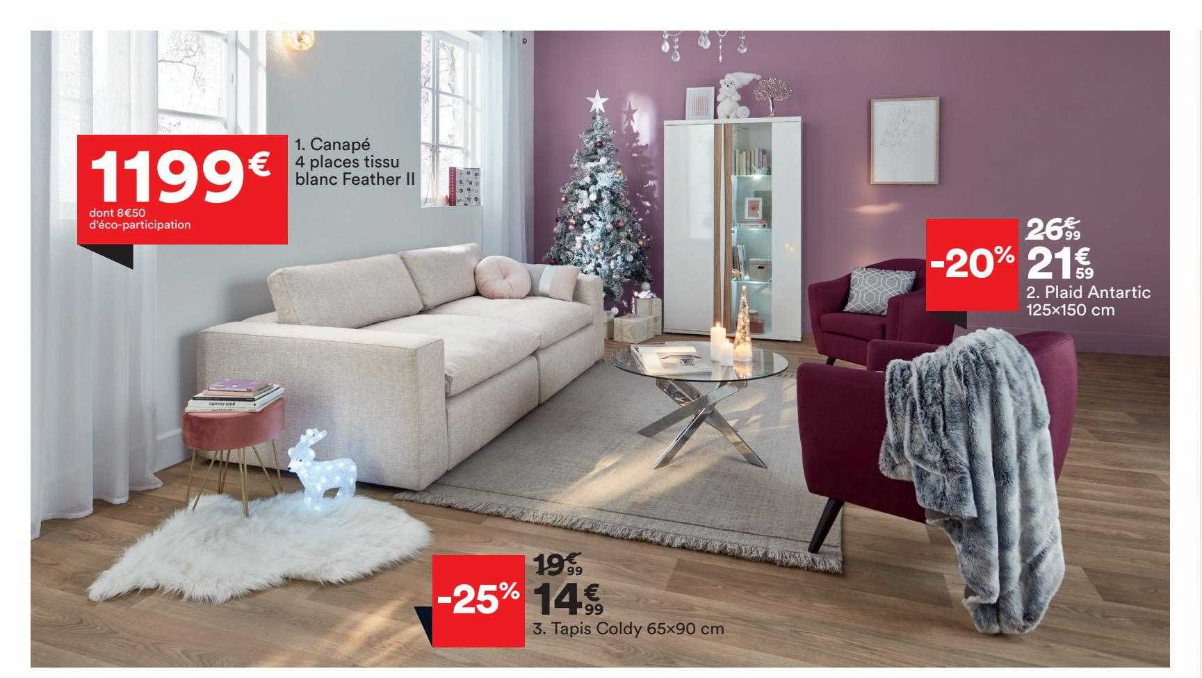 canapé 4 places tissu blanc feather II, tapis coldy 65x90 cm, plaid antartic 125x150 cm