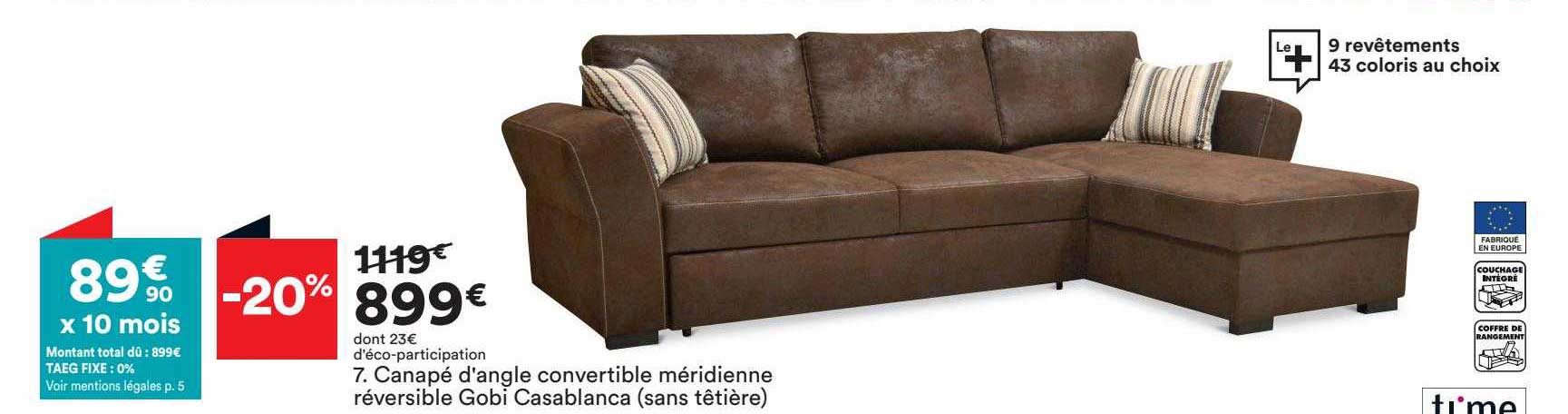 canapé d'angle convertible méridienne réversible gobi casablanca