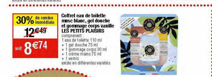 coffret eau de toilette musc blanc, gel douche et gommage corps vanille les petits plaisirs