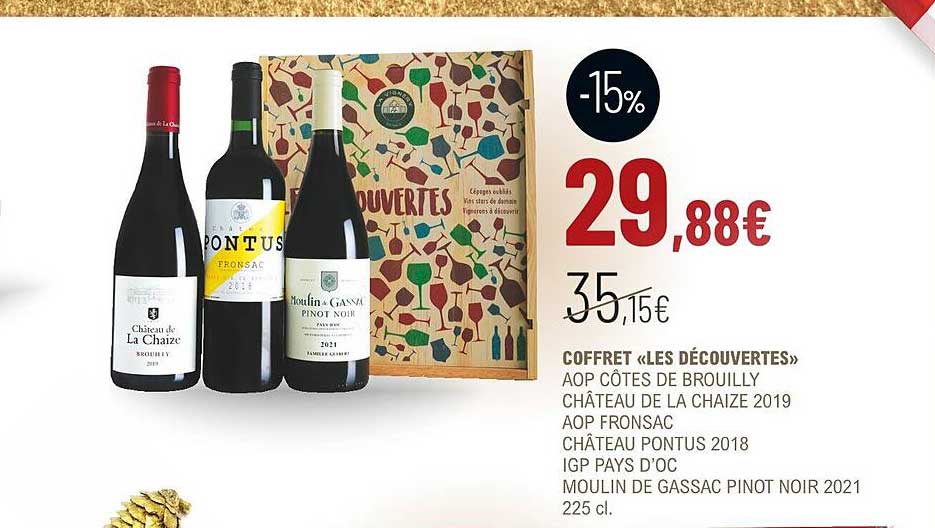 coffret «les découvertes» aop côtes de brouilly château de la chaize 2019 aop fronsac château pontus 2018 igp pays d'oc moulin de gassac pinot noir 2021