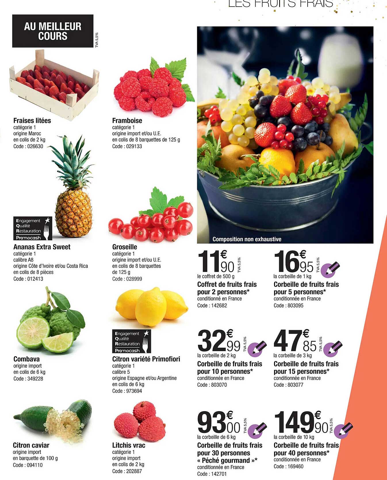 fraises litées, framboise, ananas extra sweet, groseille, combava, citron variété primofiori, citron caviar, litchis vrac, coffret de fruits frais pour 2 personnes, corbeille de fruits frais